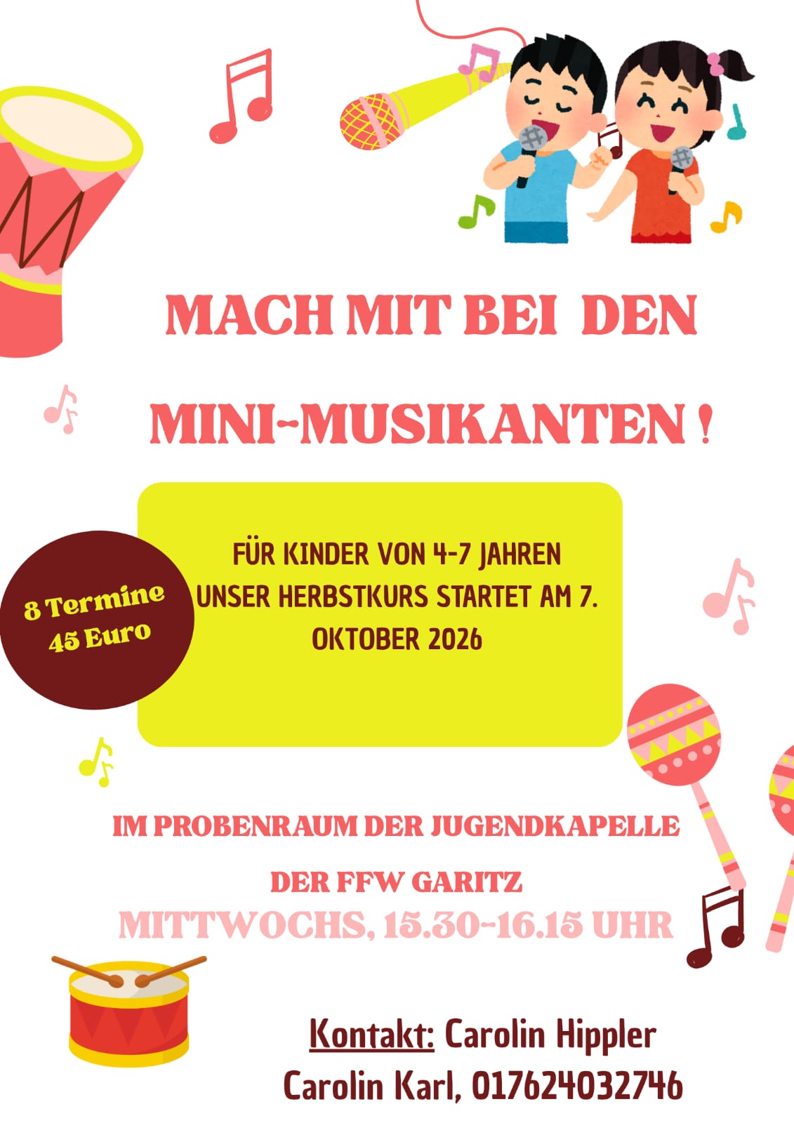 Flyer: Mach mit bei den Mini-Musikanten, musikalische Früherziehung der Jugendkapelle Garitz